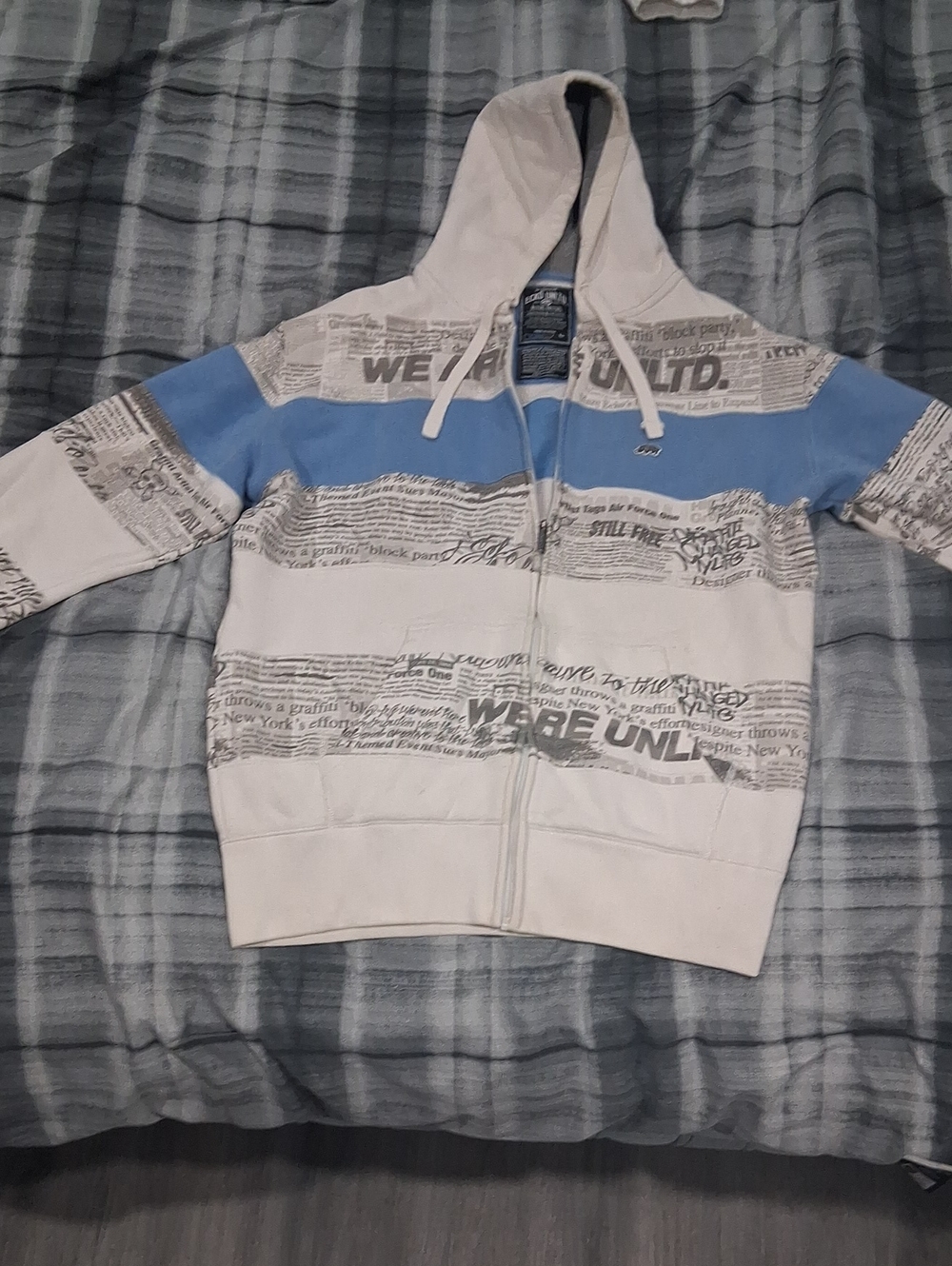 Ecko Unlimited White and Light Blue Zip-Up Hoodie with Graphic Stripes